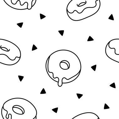 Jöleli çörekler. Kusursuz desen. Boyama sayfası. Tatlı çörekler. Çikolatalı şekerlemeler. El çizimi stili. Vektör çizimi. Tasarım süslemeleri.