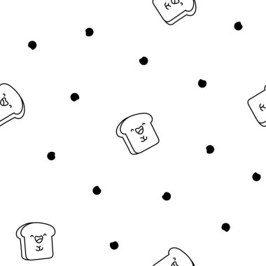 Gülen suratlı tatlı kawaii ekmeği. Kusursuz desen. Boyama sayfası. Pastanedeki çizgi film karakterleri. El çizimi stili. Vektör çizimi. Tasarım süslemeleri.