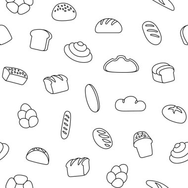 Ekmek. Kusursuz desen. Boyama sayfası. Somun yemek, fırın bebeği, hamur işi tahıl. El çizimi stili. Vektör çizimi. Tasarım süslemeleri.