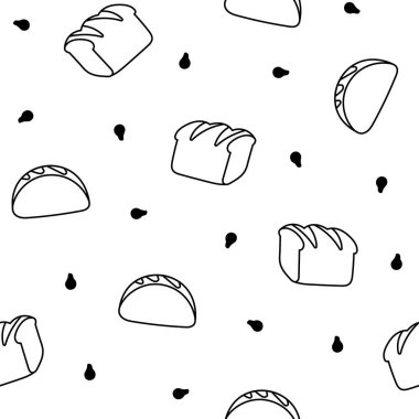 Ekmek. Kusursuz desen. Boyama sayfası. Somun yemek, fırın bebeği, hamur işi tahıl. El çizimi stili. Vektör çizimi. Tasarım süslemeleri.