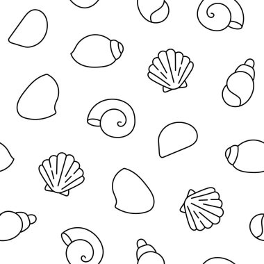 Deniz kabuğu. Kusursuz desen. Boyama sayfası. Yumuşakça ve deniz salyangozundan oluşan deniz kabukları. Yaz tatili. El çizimi stili. Vektör çizimi. Tasarım süslemeleri.