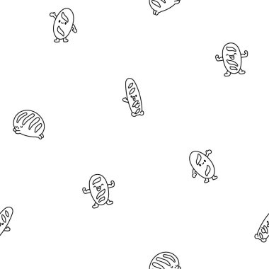 Çizgi film mutlu ekmek suratlı karakterler. Kusursuz desen. Boyama sayfası. Komik pastane hamur işleri. El çizimi stili. Vektör çizimi. Tasarım süslemeleri.