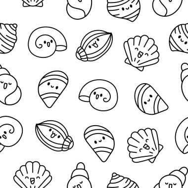 Şirin kawaii deniz kabuğu. Kusursuz desen. Boyama sayfası. Çizgi filmlerdeki su yaşamı. Deniz kabuğu karakterleri, yaz tatili. El çizimi stili. Vektör çizimi. Tasarım süslemeleri.