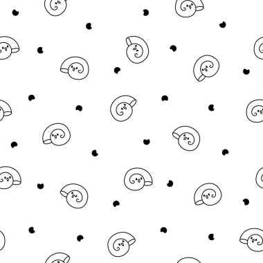 Şirin kawaii deniz kabuğu. Kusursuz desen. Boyama sayfası. Çizgi filmlerdeki su yaşamı. Deniz kabuğu karakterleri, yaz tatili. El çizimi stili. Vektör çizimi. Tasarım süslemeleri.