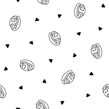 Şirin kawaii deniz kabuğu. Kusursuz desen. Boyama sayfası. Çizgi filmlerdeki su yaşamı. Deniz kabuğu karakterleri, yaz tatili. El çizimi stili. Vektör çizimi. Tasarım süslemeleri.