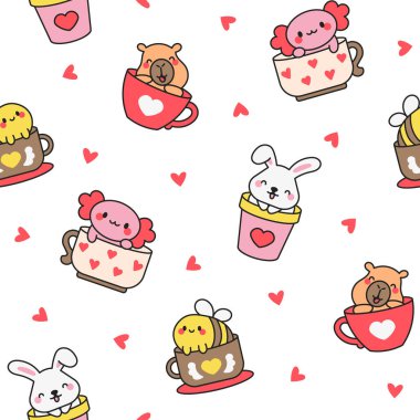 Bir fincanda sevimli kawai hayvanları. Kusursuz desen. Komik sevimli çizgi film karakteri. El çizimi stili. Vektör çizimi. Tasarım süslemeleri.