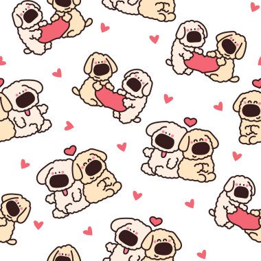 Şirin çiftler köpek arkadaşlığı. Kusursuz desen. Evcil hayvanlar sarılıyor, çizgi film karakterleriyle yan yana oturuyor. El çizimi stili. Vektör çizimi. Tasarım süslemeleri.