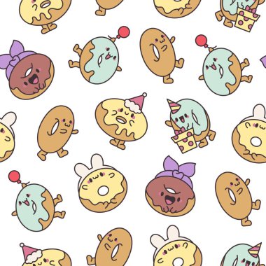 Komik çörek çizgi film karakteri. Kusursuz desen. Tapılası kawaii tatlı yiyecekler. El çizimi stili. Vektör çizimi. Tasarım süslemeleri.