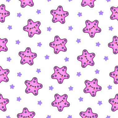 Şirin kawaii deniz kabuğu. Kusursuz desen. Çizgi filmlerdeki su yaşamı. Deniz kabuğu karakterleri, yaz tatili. El çizimi stili. Vektör çizimi. Tasarım süslemeleri.