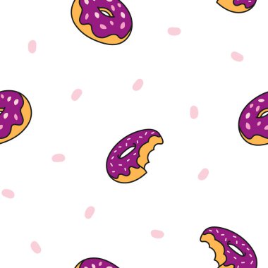 Jöleli çörekler. Kusursuz desen. Tatlı çörekler. Çikolatalı şekerlemeler. El çizimi stili. Vektör çizimi. Tasarım süslemeleri.