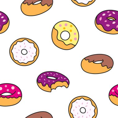 Jöleli çörekler. Kusursuz desen. Tatlı çörekler. Çikolatalı şekerlemeler. El çizimi stili. Vektör çizimi. Tasarım süslemeleri.