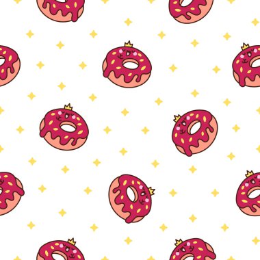 Tatlı çizgi film kawaii çöreği. Kusursuz desen. Tatlı çörek karakterleri. El çizimi stili. Vektör çizimi. Tasarım süslemeleri.