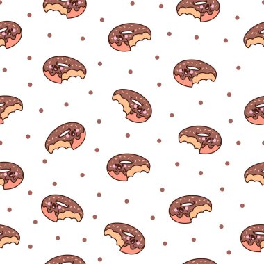 Tatlı çizgi film kawaii çöreği. Kusursuz desen. Tatlı çörek karakterleri. El çizimi stili. Vektör çizimi. Tasarım süslemeleri.