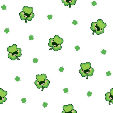 Şirin kawaii şanslı yonca. Kusursuz desen. Çizgi film karakterleri. El çizimi stili. Vektör çizimi. Tasarım süslemeleri.