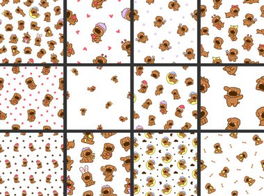 Şirin kawaii köpek oyuncak kanişi. Kusursuz desen. Çizgi film komik yavru köpek karakteri. El çizimi stili. Vektör çizimi. Tasarım süslemeleri koleksiyonu.