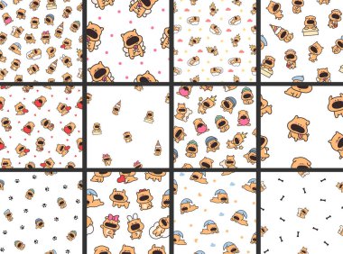 Şirin çizgi film karakterleri. Kusursuz desen. Farklı duyguları olan sevimli bir köpek. El çizimi stili. Vektör çizimi. Tasarım süslemeleri koleksiyonu.