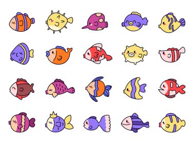 Farklı komik karikatür balıkları. Tatlı su altı hayvanları. El stili. Vektör çizimi. Tasarım elementlerinin koleksiyonu.