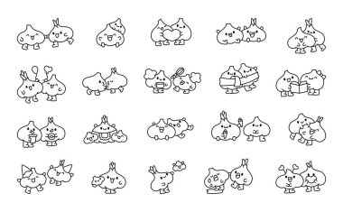 Komik yüzlü neşeli sarımsaklı çift. Boyama sayfası. Tatlı çizgi film sebze arkadaşları. El çizimi stili. Vektör çizimi. Tasarım elementlerinin koleksiyonu.