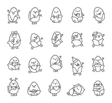 Neşeli yüzlü şirin bir mısır karakteri. Boyama sayfası. Çizgi film kawaii sebzesi. El çizimi stili. Vektör çizimi. Tasarım elementlerinin koleksiyonu.