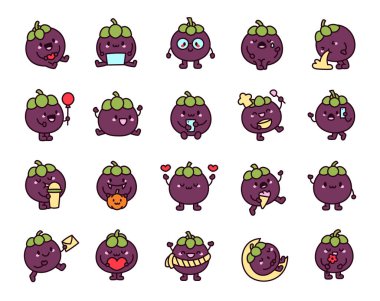 Şirin kawaii mangosteen karakteri. Komik karikatür meyvesi. El çizimi stili. Vektör çizimi. Tasarım elementlerinin koleksiyonu.