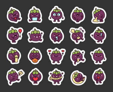 Şirin kawaii mangosteen karakteri. Etiket Yer İmi. Komik karikatür meyvesi. El çizimi stili. Vektör çizimi. Tasarım elementlerinin koleksiyonu.