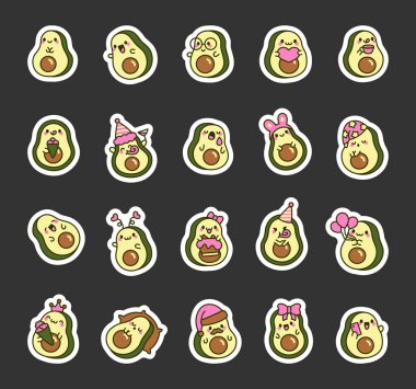 Komik suratlı şirin bir avokado. Etiket Yer İmi. Sevimli çizgi film meyvesi. El çizimi stili. Vektör çizimi. Tasarım elementlerinin koleksiyonu.