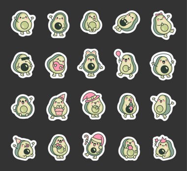 Tatlı avokado karakteri. Etiket Yer İmi. Çizgi film meyve yemeği. El çizimi stili. Vektör çizimi. Tasarım elementlerinin koleksiyonu.