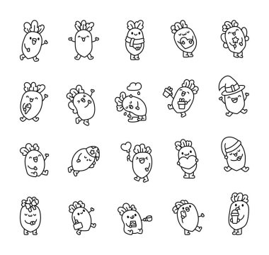 Tatlı turp karakteri. Boyama sayfası. Sevimli sebze çizgi filmi. El çizimi stili. Vektör çizimi. Tasarım elementlerinin koleksiyonu.