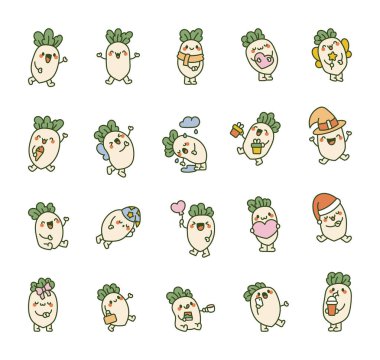 Tatlı turp karakteri. Sevimli sebze çizgi filmi. El çizimi stili. Vektör çizimi. Tasarım elementlerinin koleksiyonu.