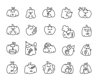 Komik suratlı tatlı kawaii kabağı. Boyama sayfası. Sevimli çizgi film yemek karakteri. El çizimi stili. Vektör çizimi. Tasarım elementlerinin koleksiyonu.