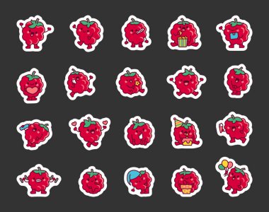 Sevimli ahududu karakteri. Etiket Yer İmi. Böğürtlen çizgi film karakteri. El çizimi stili. Vektör çizimi. Tasarım elementlerinin koleksiyonu.