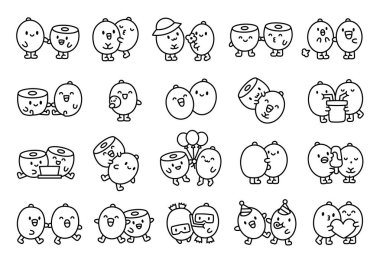 Komik çift kivi çizgi film karakterleri. Boyama sayfası. Şirin yemek arkadaşları. El çizimi stili. Vektör çizimi. Tasarım elementlerinin koleksiyonu.