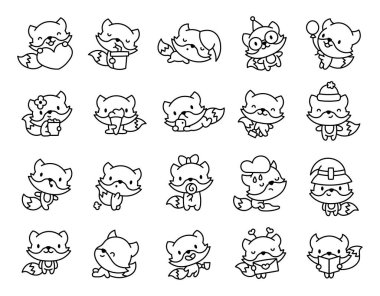 Komik suratlı sevimli kawaii tilkisi. Boyama sayfası. Sevimli hayvan çizgi filmi karakteri. El çizimi stili. Vektör çizimi. Tasarım elementlerinin koleksiyonu.