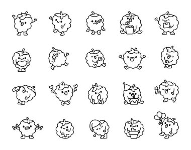 Sevimli ahududu karakteri. Boyama sayfası. Böğürtlen çizgi film karakteri. El çizimi stili. Vektör çizimi. Tasarım elementlerinin koleksiyonu.