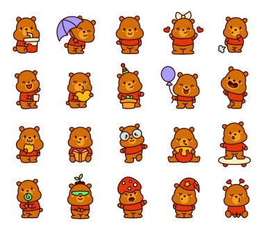 Şirin Kawaii tişörtlü komik yüzlü ayı. Sevimli çizgi film karakteri. El çizimi stili. Vektör çizimi. Tasarım elementlerinin koleksiyonu.