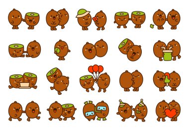 Komik çift kivi çizgi film karakterleri. Şirin yemek arkadaşları. El çizimi stili. Vektör çizimi. Tasarım elementlerinin koleksiyonu.