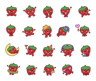Şirin kawaii çilek karakteri. Komik yaz çileği karakteri. El çizimi stili. Vektör çizimi. Tasarım elementlerinin koleksiyonu.