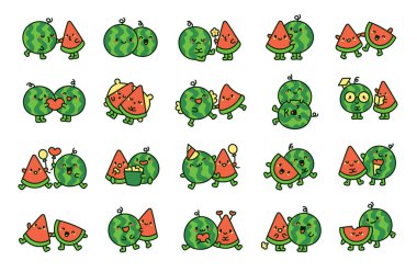 Komik karpuz çizgi film karakterleri. Şirin yemek arkadaşları. El çizimi stili. Vektör çizimi. Tasarım elementlerinin koleksiyonu.