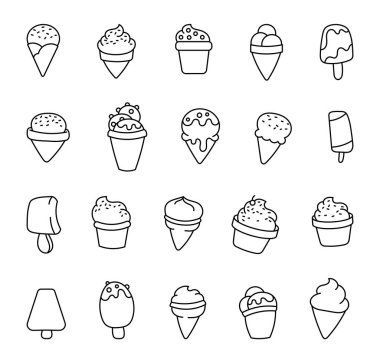 Lezzetli ve ferahlatıcı dondurma. Boyama sayfası. Çeşitli aromalı soğuk tatlı. El çizimi stili. Vektör çizimi. Tasarım elementlerinin koleksiyonu.