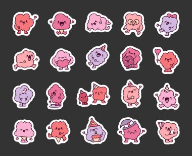 Gülen pamuk helva karakteri. Etiket Yer İmi. Komik suratlı şirin çizgi film şekeri. El çizimi stili. Vektör çizimi. Tasarım elementlerinin koleksiyonu.