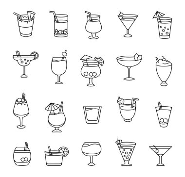 Kokteyli tazeliyorum. Boyama sayfası. Bardakta yaz içkisi. El stili. Vektör çizimi. Tasarım elementlerinin koleksiyonu.