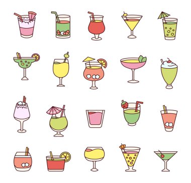 Kokteyli tazeliyorum. Bardakta yaz içkisi. El stili. Vektör çizimi. Tasarım elementlerinin koleksiyonu.