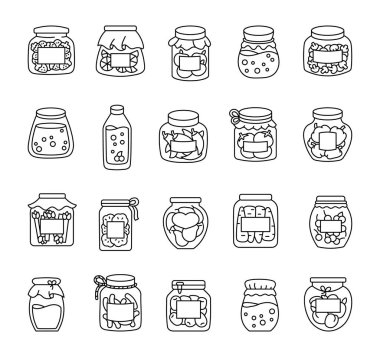 Konserve sebze ve meyve reçeli. Boyama sayfası. Gıda korunumu için kavanozlar. El çizimi stili. Vektör çizimi. Tasarım elementlerinin koleksiyonu.