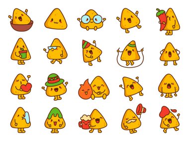 Şirin kawaii nachos karakteri. Komik çizgi film yemekleri. El çizimi stili. Vektör çizimi. Tasarım elementlerinin koleksiyonu.