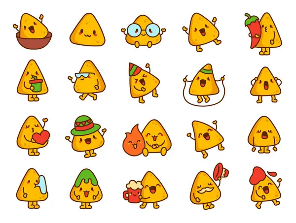 Şirin kawaii nachos karakteri. Komik çizgi film yemekleri. El çizimi stili. Vektör çizimi. Tasarım elementlerinin koleksiyonu.