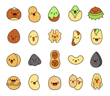 Komik yüzlü sevimli kawaii fıstıkları. Sevimli çizgi film karakterleri. El çizimi stili. Vektör çizimi. Tasarım elementlerinin koleksiyonu.