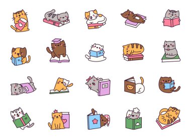 Kitapları olan sevimli kediler. Komik çizgi film karakterleri. El çizimi stili. Vektör çizimi. Tasarım elementlerinin koleksiyonu.