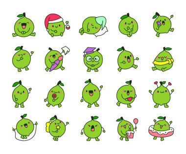 Farklı duyguları olan komik bir kireç. Tatlı çizgi film meyvesi. El çizimi stili. Vektör çizimi. Tasarım elementlerinin koleksiyonu.