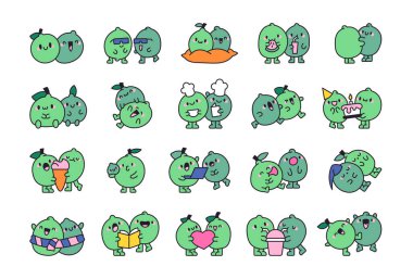 Bir çift komik limon. Mutlu meyve kucaklaşmaları. El çizimi stili. Vektör çizimi. Tasarım elementlerinin koleksiyonu.