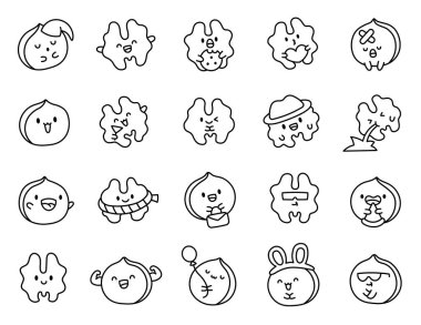 Komik suratlı tatlı kawaii cevizi. Boyama sayfası. Sevimli çizgi film yemek karakteri. El çizimi stili. Vektör çizimi. Tasarım elementlerinin koleksiyonu.